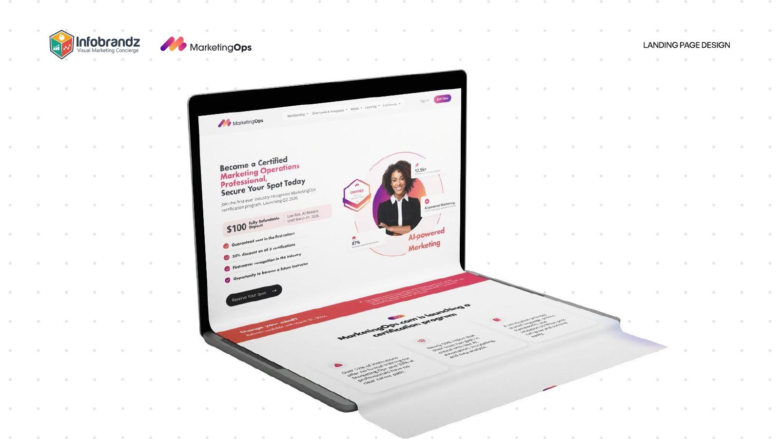 MarketingOps certification landing page shown on a laptop
